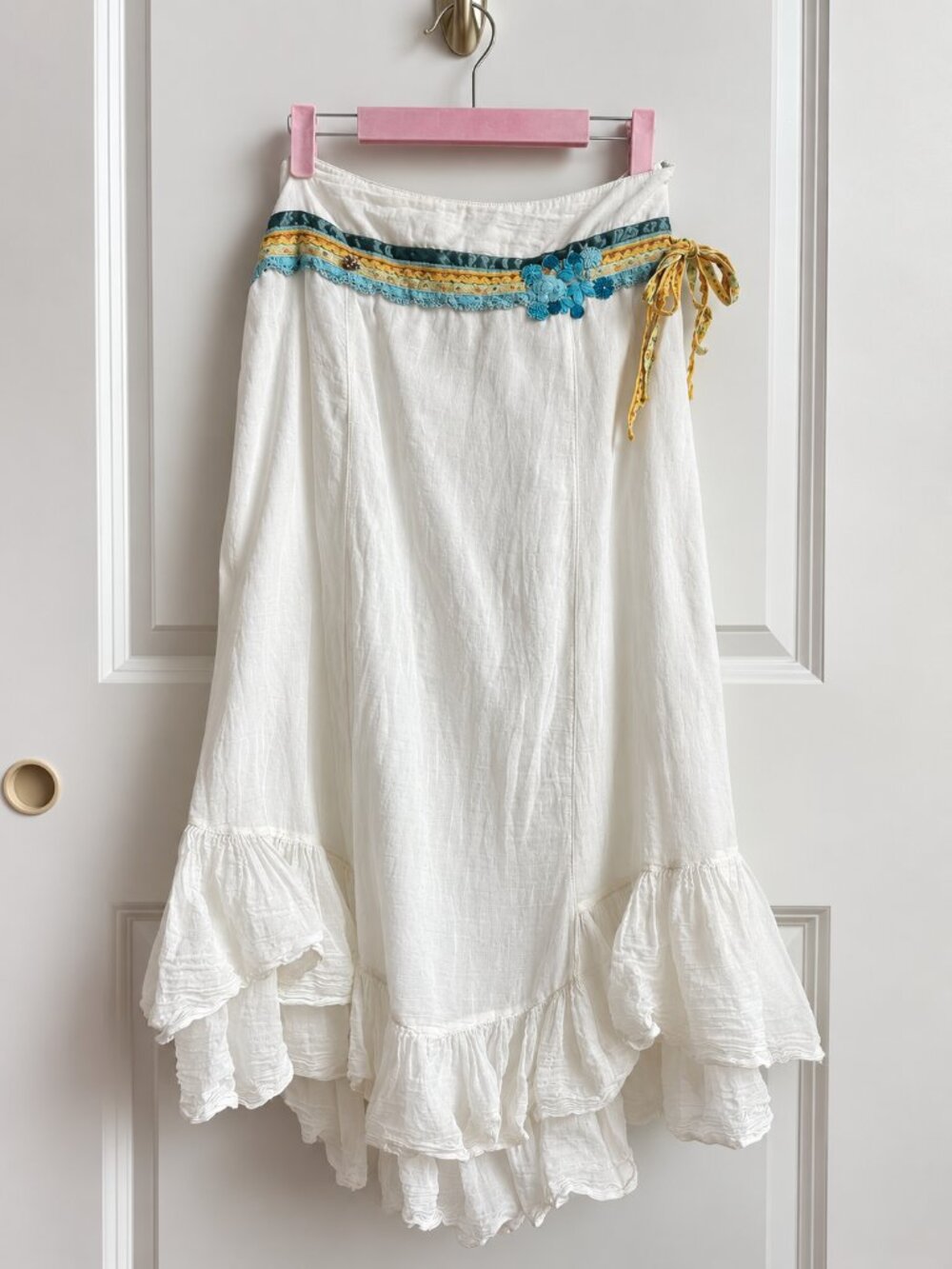 early 2000s free people boho ruffle midi skirt 🩵🌼